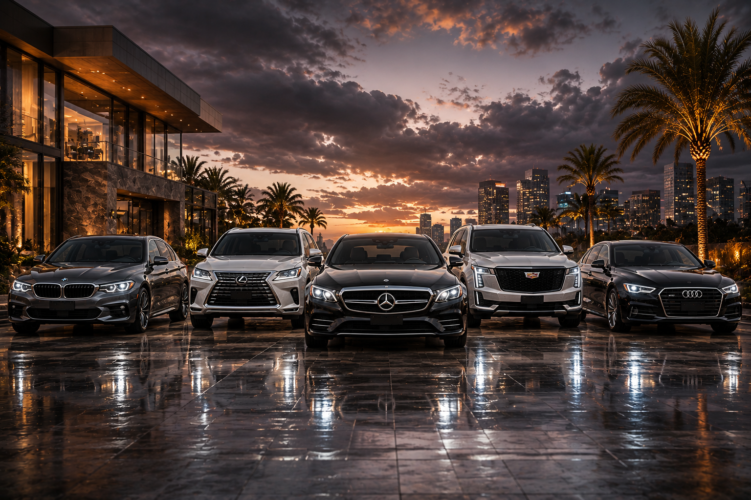Luxury sedans and SUVs lined up outside a dealership at sunset